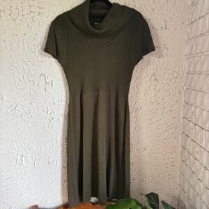Calvin Klein Olive Green Sweater Dress Cowl Neck Ribbed Knit Midi Womens Large